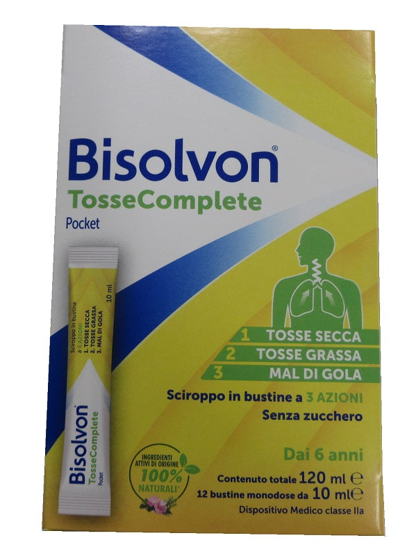 BISOLVON TOSSE COMPLETE POCKET SCIROPPO 12 BUSTINE DA 10 ML SENZA ZUCCHERO SENZA GLUTINE SENZA LATTOSIO
